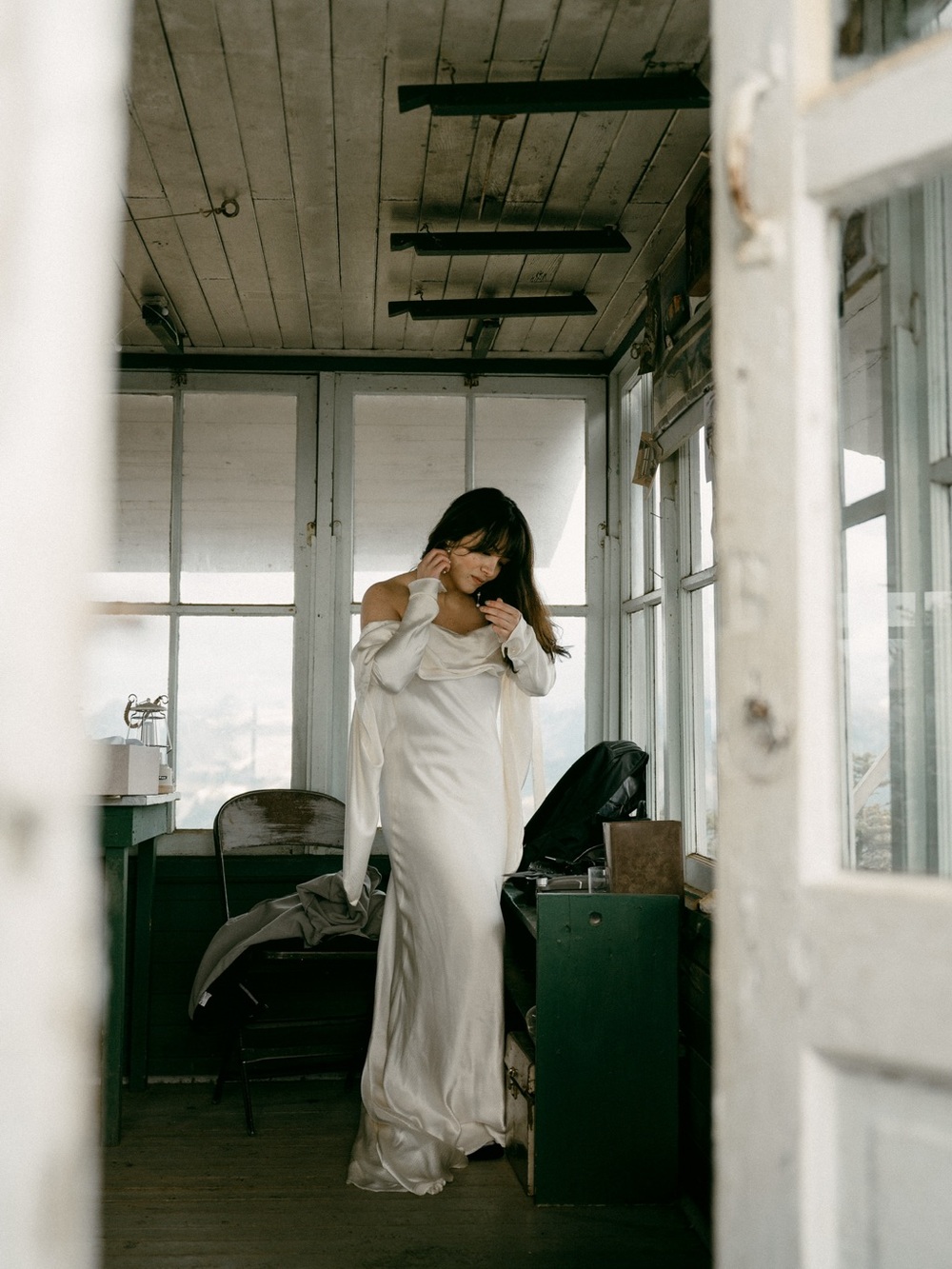 Off-Shoulder Hammered Satin Wedding dress in Ivory